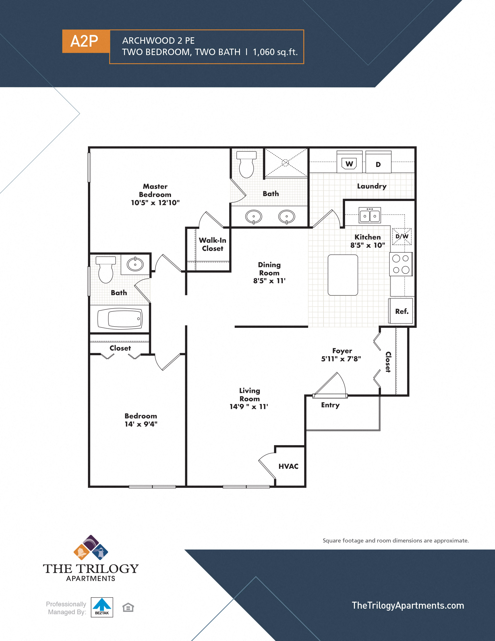 Floor plan for 2 beds, 2 baths, 1060 sqft
